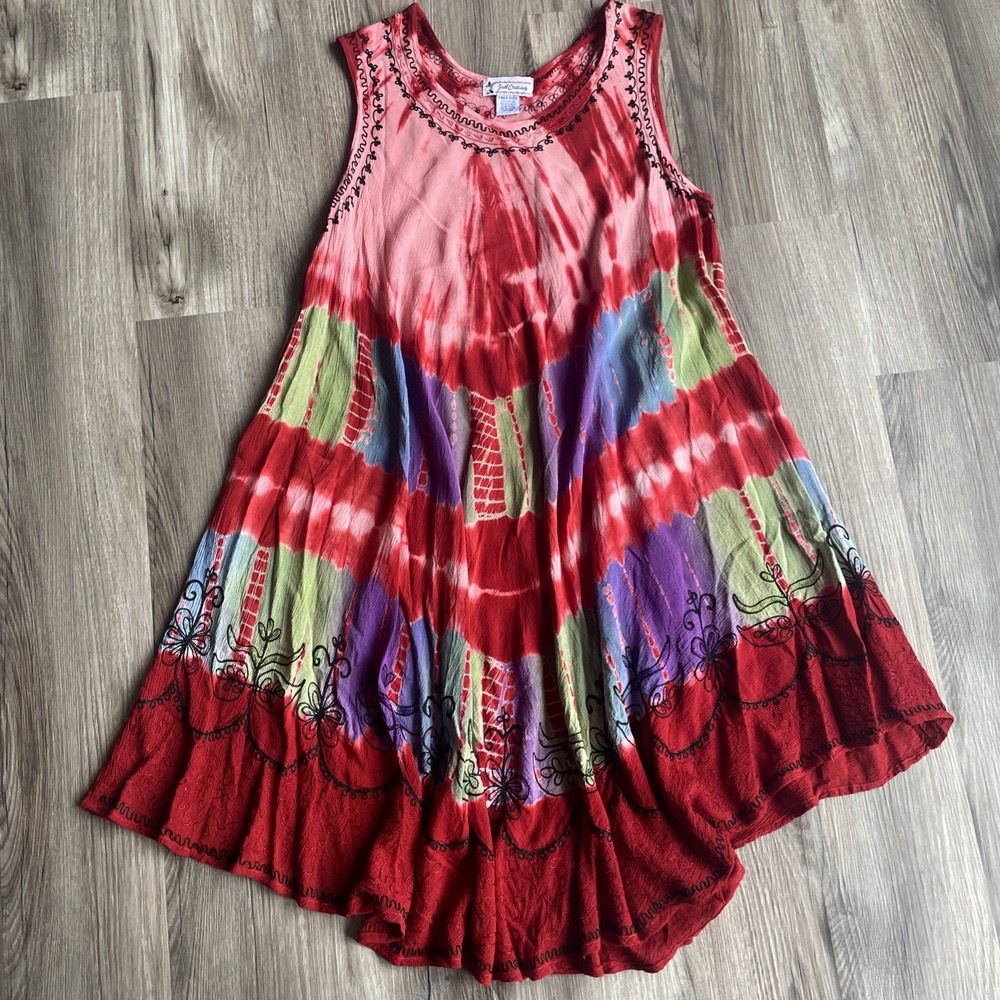 Vintage Pop Over Tie Dye Embroidered Sleeveless Trapeze Dress Red Multicolor OS